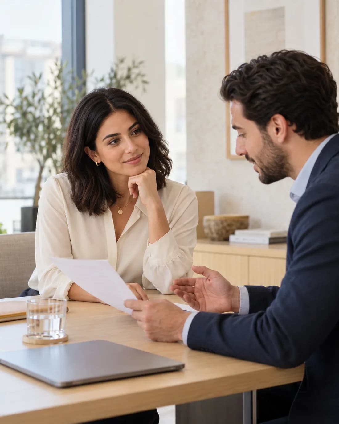 Illustrative scene of a professional reviewing paperwork with an administrative adviser.