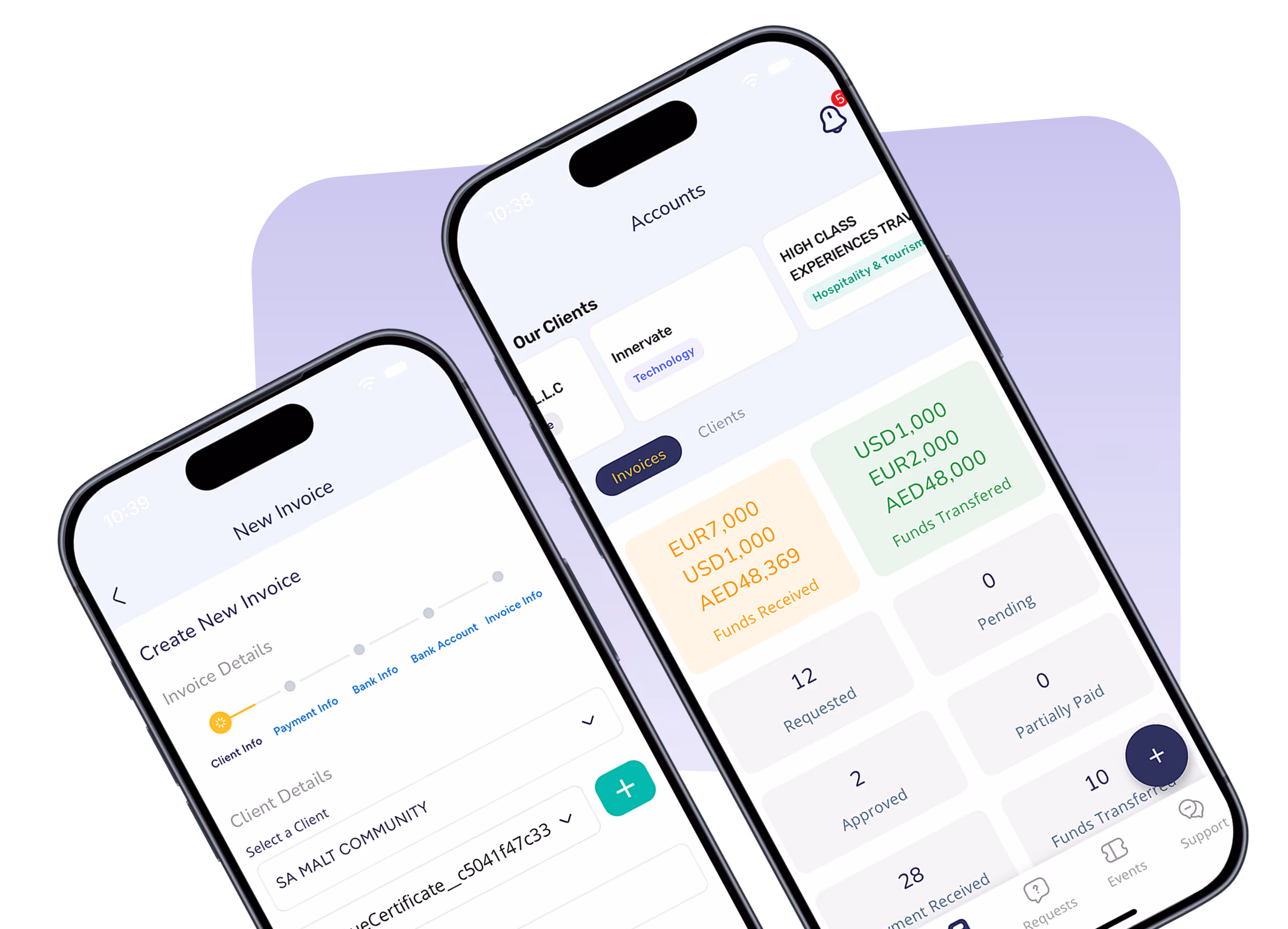 Freelance Central invoicing screens on mobile, showing a new invoice being created and its status